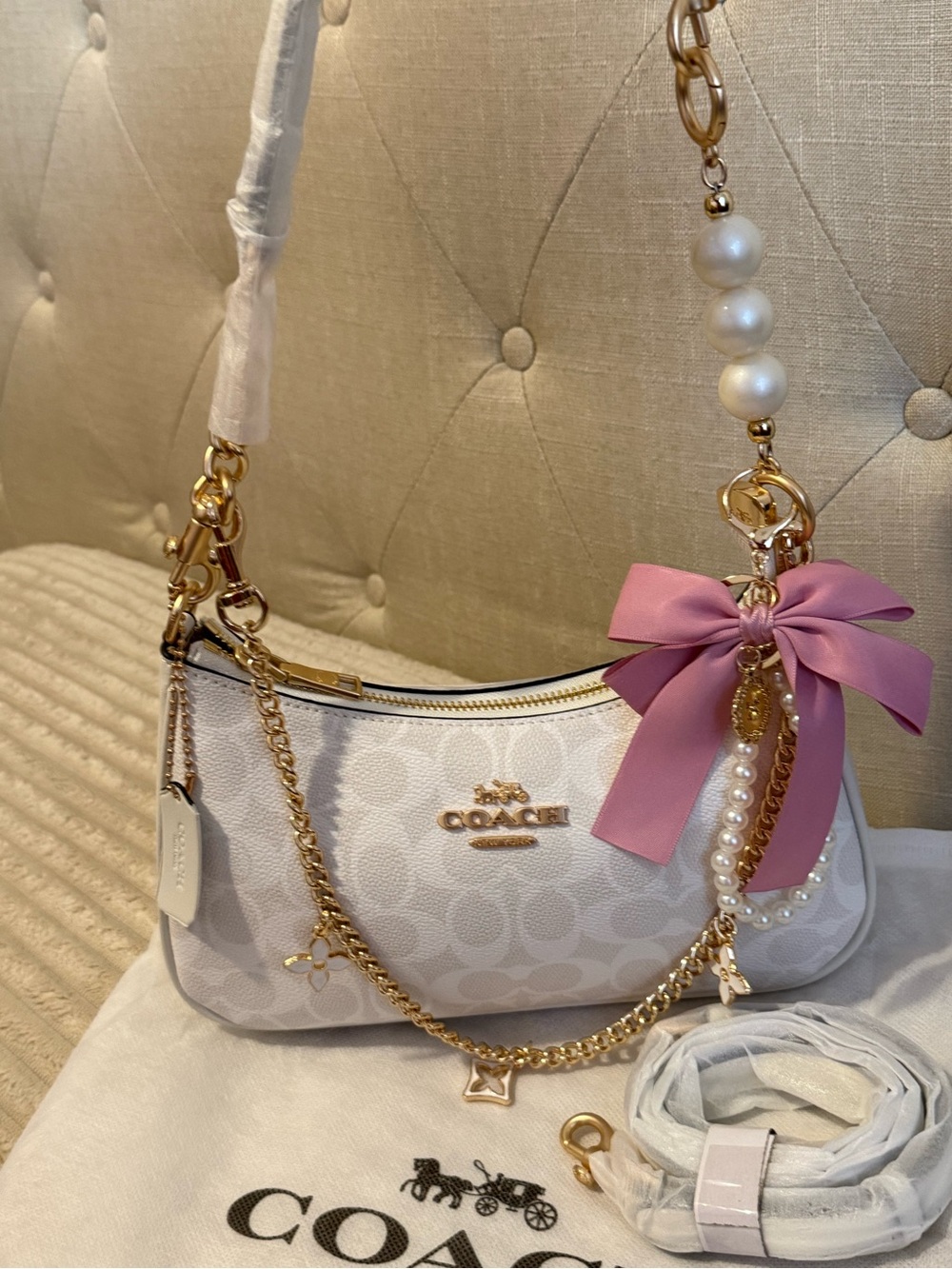 Coach White Signature Canvas Shoulder Bag with Pink Bow and Pearl Charm